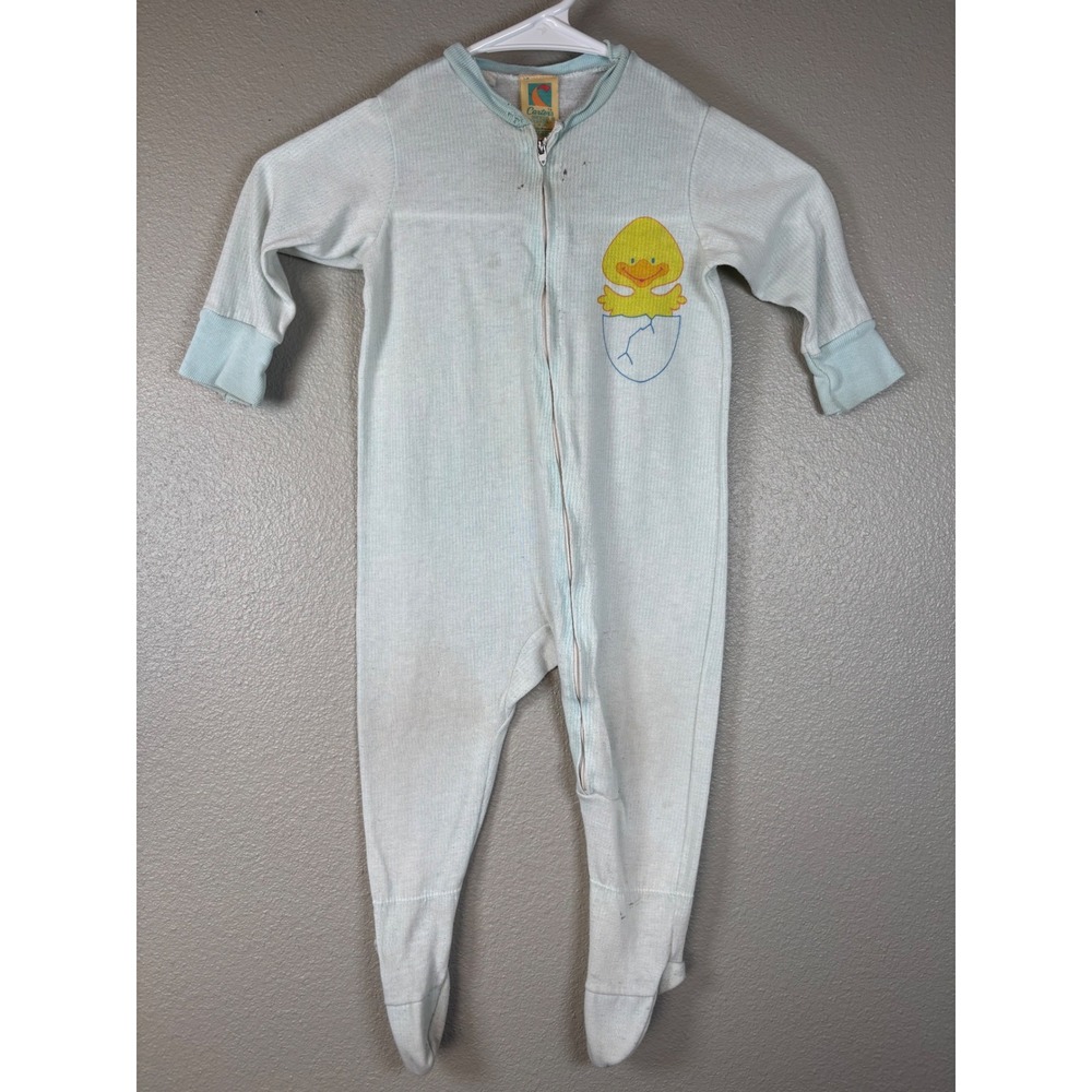 Vintage 60s 70s Carter's Baby Pajamas Footie Sleepsuit Duckling Blue Striped 18M